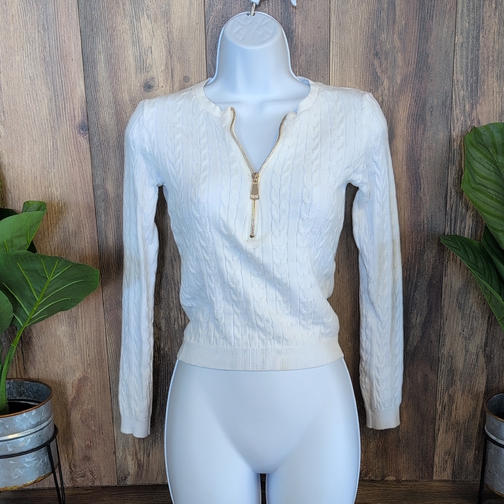 ChicMe White Cable Knit Crop 1/2 Zip Sweater S       C632